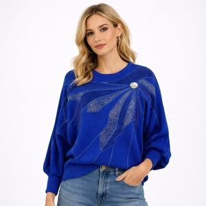Vintage 1980's Cobalt Blue Dolman Sweater with Gems Size Small Holiday Sweater